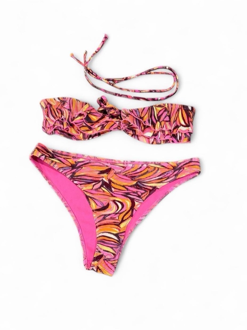 H&M Pink Brown Yellow Multicolored Print Bikini Sz US 4 EUR 34